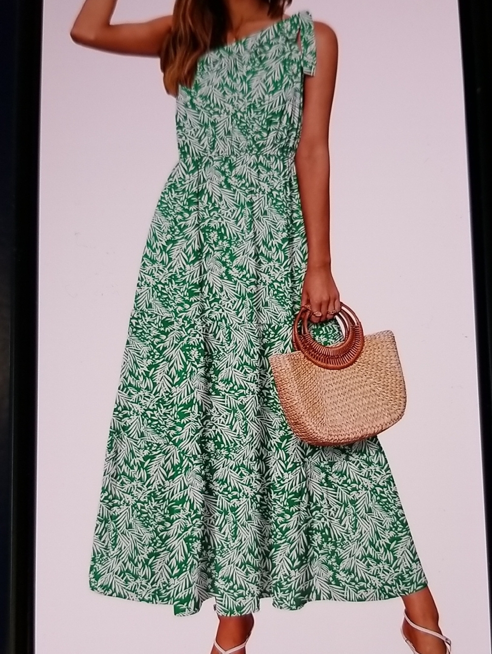 One-Shoulder Green Leaf Print Maxi Dress